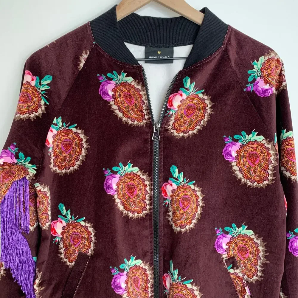 Moon & Nomad Mixed Emotions Velvet Bomber Jacket Burgundy Purple Fringe Medium - Picture 11 of 14